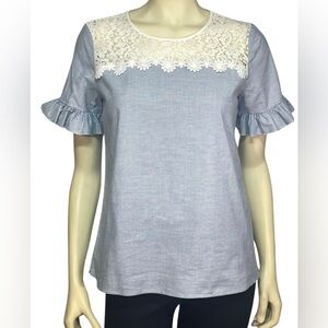 Karl Lagerfeld‎ Size XS Ruffle Sleeve Top Chambray Blue & White Crochet Cotton